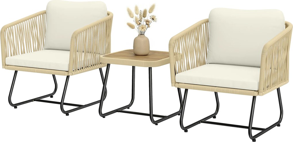 Outsunny Set bistro din ratan 3 piese FSC set mobilier de grădină cu 2 fotolii, masă din lemn cu lamele, perne groase lavabile, cadru din oțel | Aosom Romania