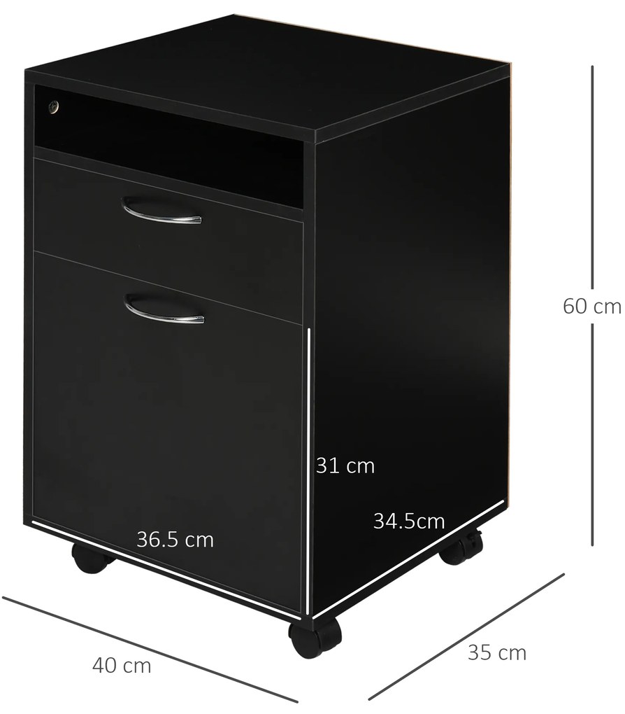 HOMCOM Dulap Mobil cu 4 Roți (2 cu Frână), Raft și 2 Sertare pentru Documente, PAL și Metal, 40x35x60 cm, Negru | Aosom Romania