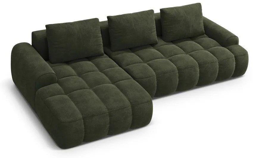 Colțar verde extensibil/cu spațiu de depozitare cu tapițerie din catifea (cu colț pe partea stângă/cu șezlong) Linz – Cosmopolitan Design