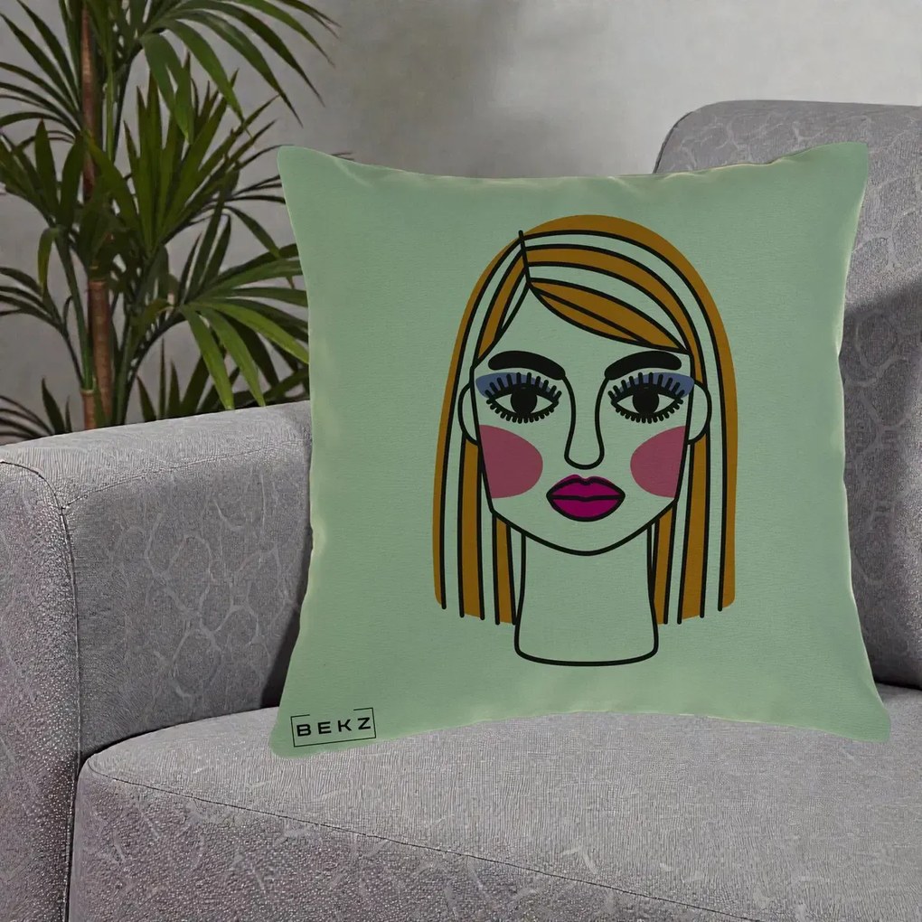 Perna Decorativa Portret Pop Art Fata, 40x40 cm, Verde, Husa Detasabila, Perna Inclusa, BEKZ®