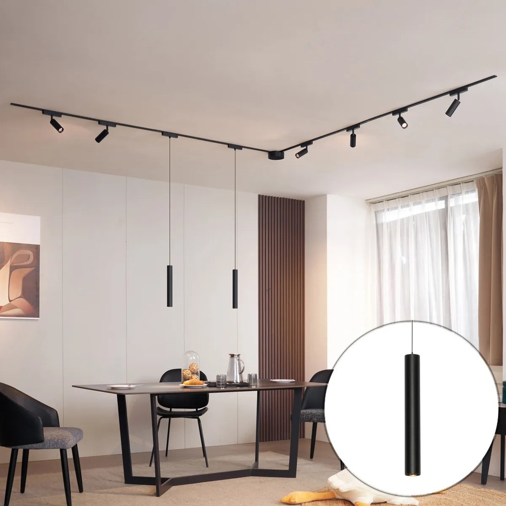 Sistem de iluminat pe șine cu 6 spoturi și 2 pendule negre monofazate - Magnetic Samson Cassie