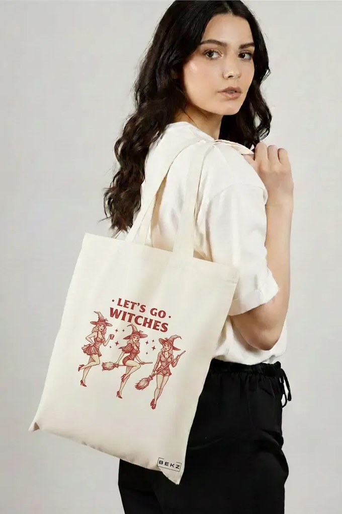 Sacosa de Panza pentru Cumparaturi, Geanta Tote, model Let's go witches 38 x 34.5 cm, Alba, BEKZ®