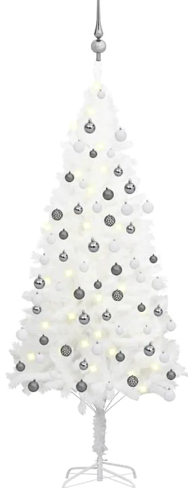 vidaXL Brad Crăciun pre-iluminat artificial, set globuri, alb, 120 cm