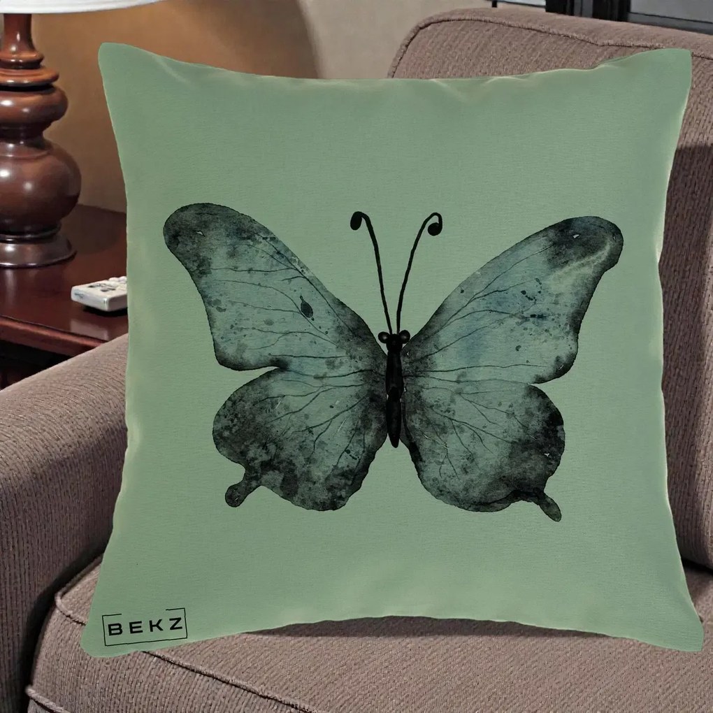 Perna Decorativa Fluture Acuarela Albastru-Gri, 40x40 cm, Verde, Husa Detasabila, Perna Inclusa, BEKZ®