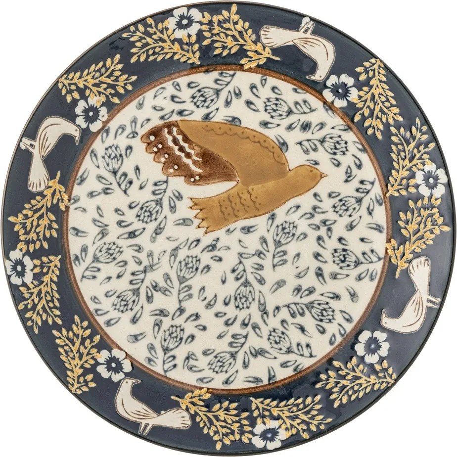 Farfurie din ceramică albastră cu păsări și motive florale pictate manual, 16×2 cm, „Hezha"