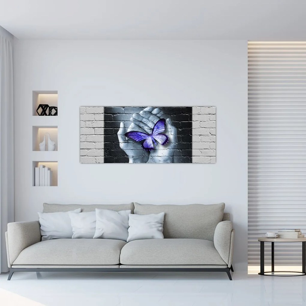 Tablou - Fluture violet pe perete (120x50 cm)