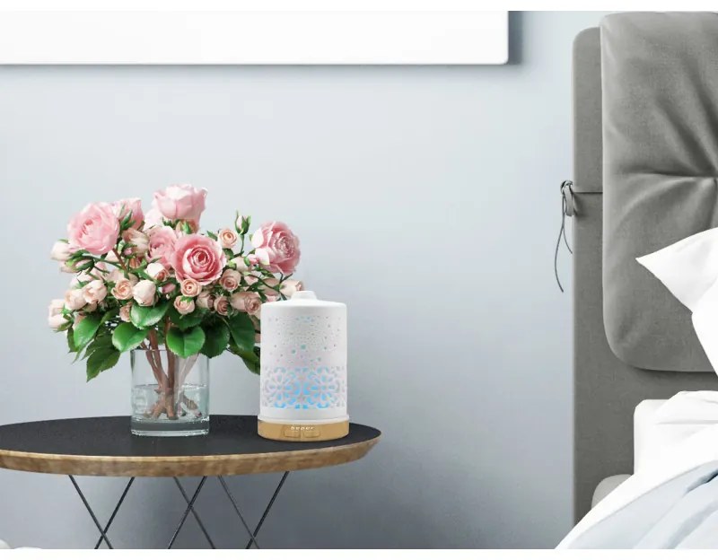 Difuzor de aromа Beper 70.404, USB 5V, 100 ml, 2 trepte, Capac ceramic, Lumina LED, 7 culori, Alb