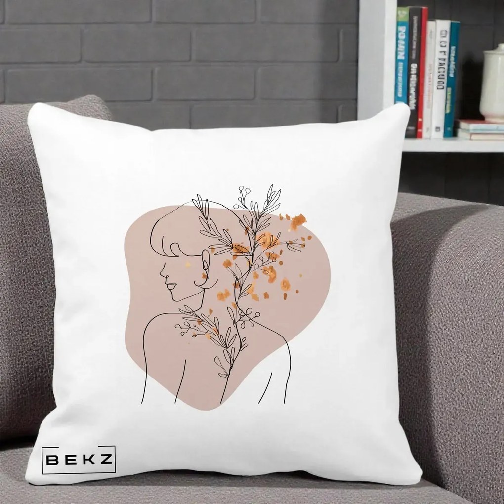 Perna Decorativa Femeie cu Flori Line Art Boho, 40x40 cm, Alba Mata, Husa Detasabila, Perna Inclusa, BEKZ®