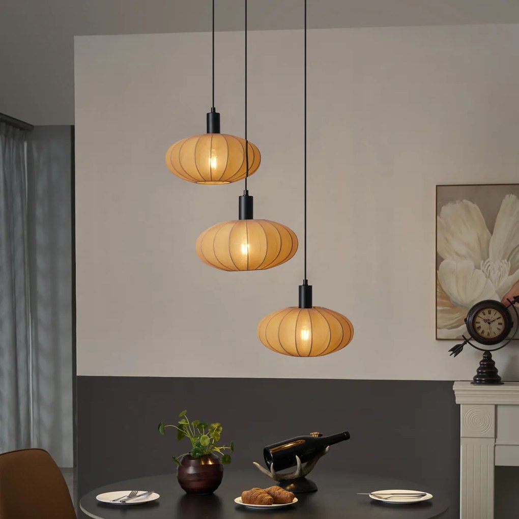 Lampă suspendată Japandi neagră cu abajur maro din material textil cu 3 lumini - Bida