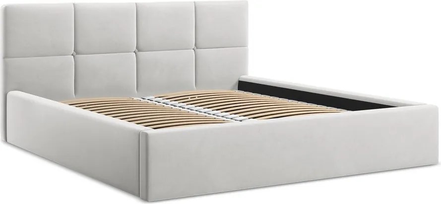 Pat matrimonial gri deschis tapițat din catifea cu spațiu de depozitare cu somieră 140x200 cm Hiko – Makamii