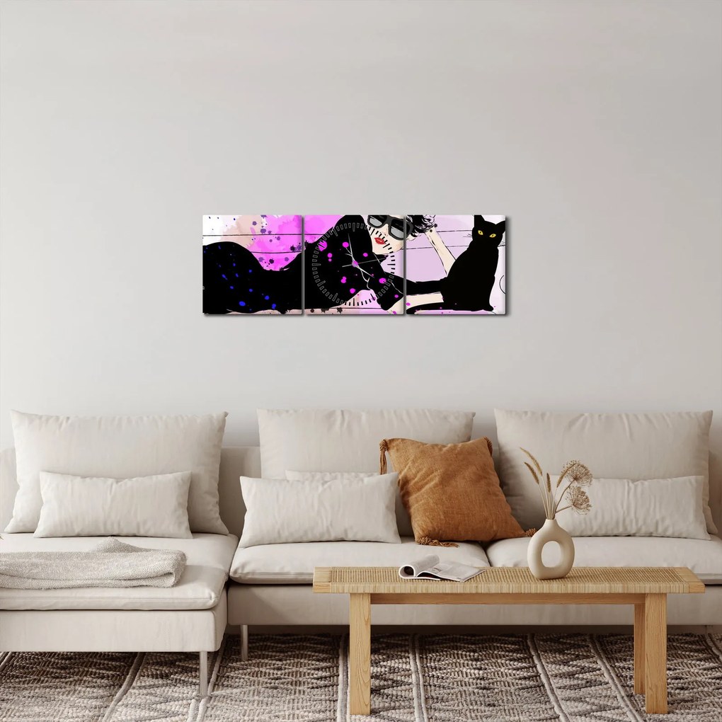 Tablou - Femeia cu pisică neagră (cu ceas) (90x30 cm)