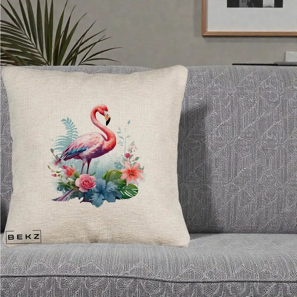 Perna Decorativa Flamingo cu Flori Tropicale Acuarela, 40x40 cm, Bej Canapea, Husa Detasabila, Perna Inclusa, BEKZ®