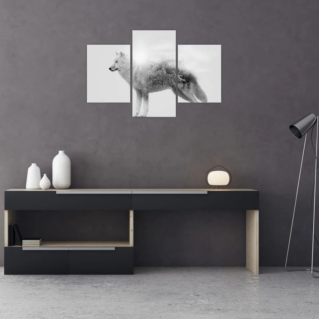 Tablou - Lupul arctic oglindit în peisajul sălbatic, alb-negru (90x60 cm)