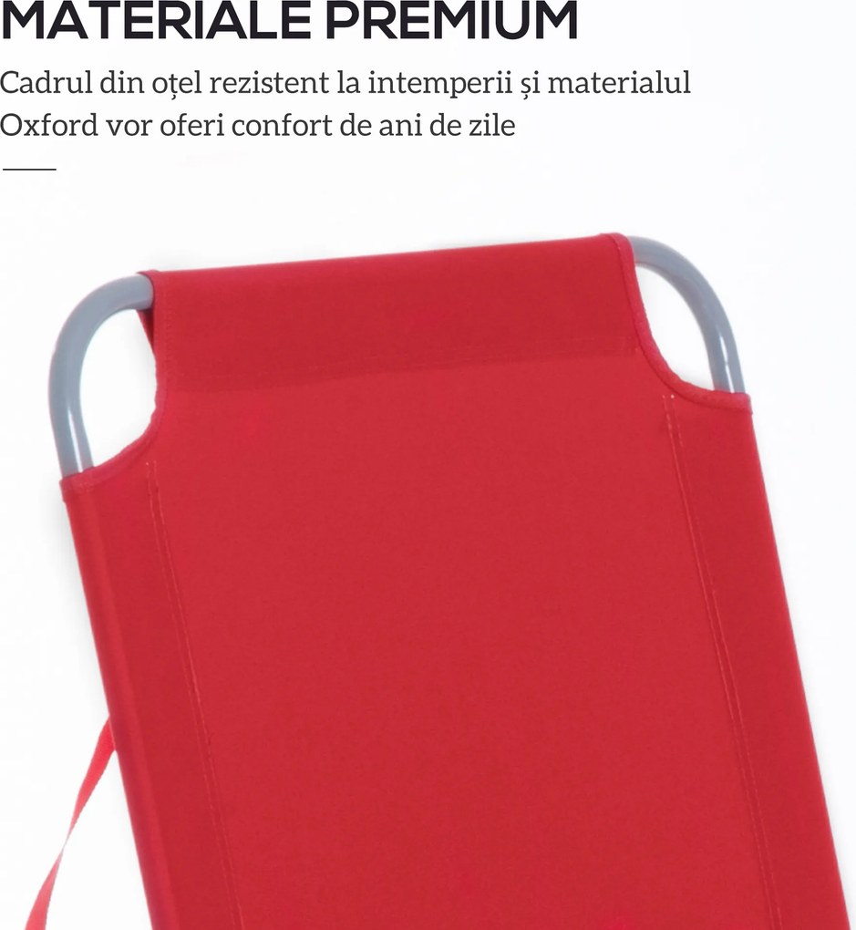 Outsunny Șezlong Pliabil cu Spătar Reglabil în 5 Poziții, Șezlong de Grădină cu Structură din Metal și Material Oxford, pentru Plajă, Piscină, Grădină, 187x55x24cm, Roșu | Aosom Romania