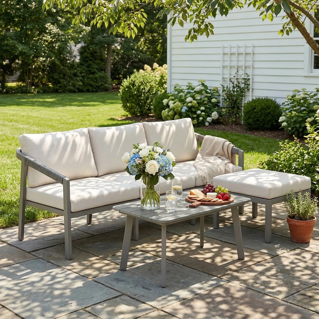 Outsunny Set Grădină Exterior 3 Piese cu Canapea 3 Locuri, Taburet, Masă de Cafea și Perne Maro și Bej | Aosom Romania