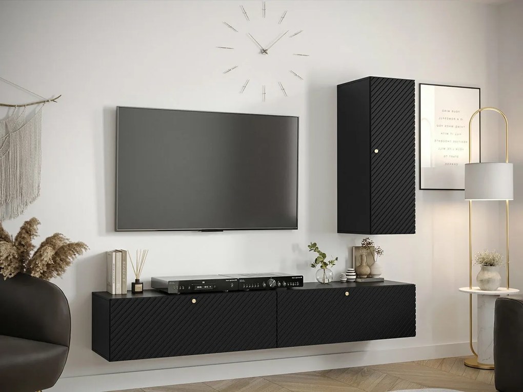 Set camera de zi Hartford H118Negru, Cu comodă TV, Cu componente suplimentare, Părți separate, MDF, PAL laminat, 200x40cm, 36 kg