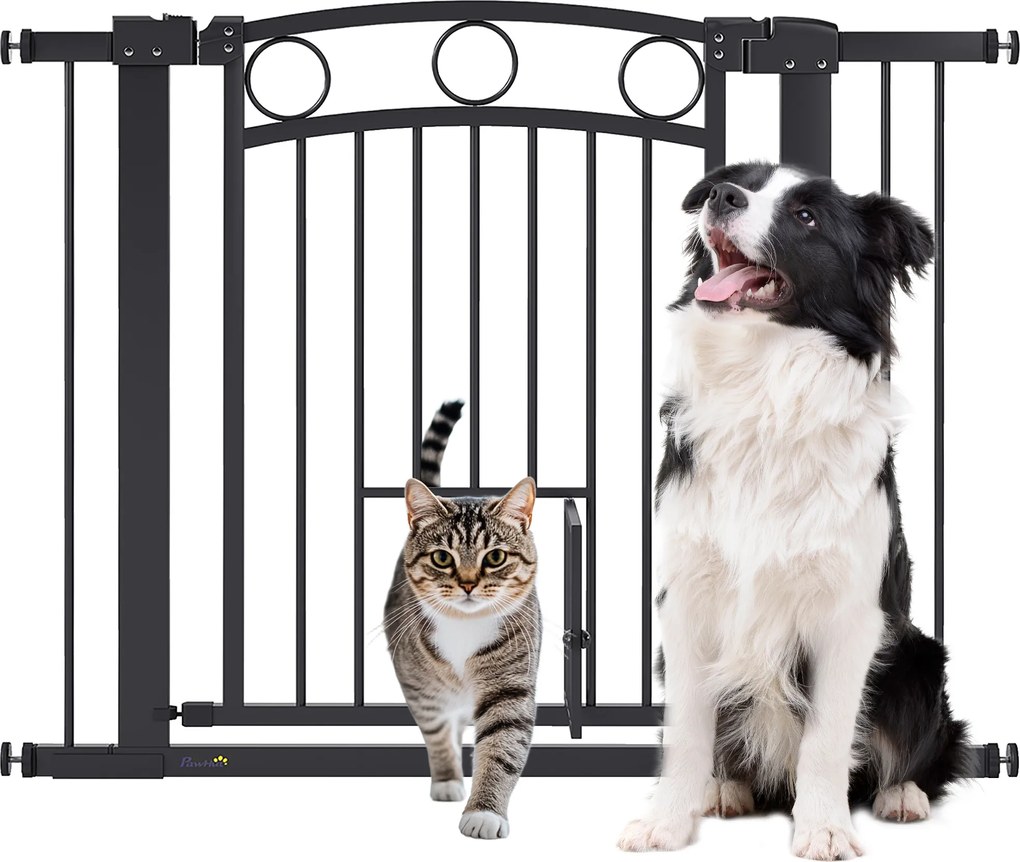 PawHut Poartă pentru animale de companie, grilaj pentru scări 77 cm, lățime reglabilă 76-104 cm, cu ușă pentru pisici, pentru scări și deschideri de ușă, Negru | Aosom Romania