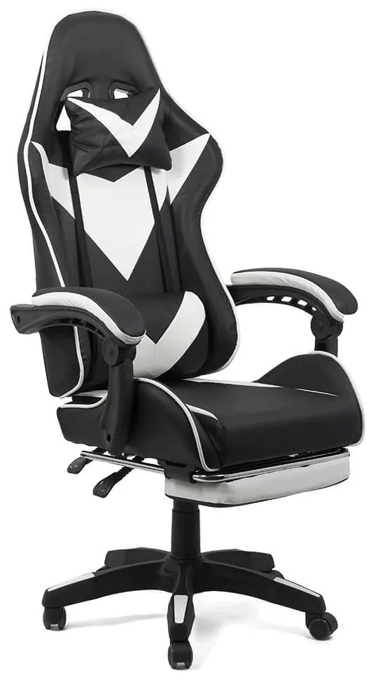 Scaun gaming din piele ecologică cu suport pentru picioare OFF 299 alb cu negru