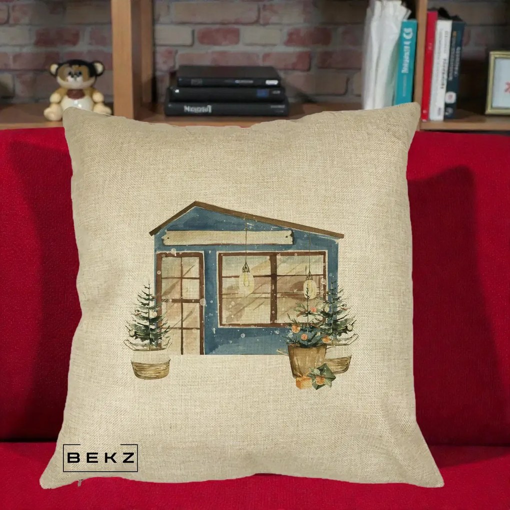 Perna Decorativa Casa de Iarna Watercolor, 40x40 cm, Crem, Husa Detasabila, Perna Inclusa, BEKZ®