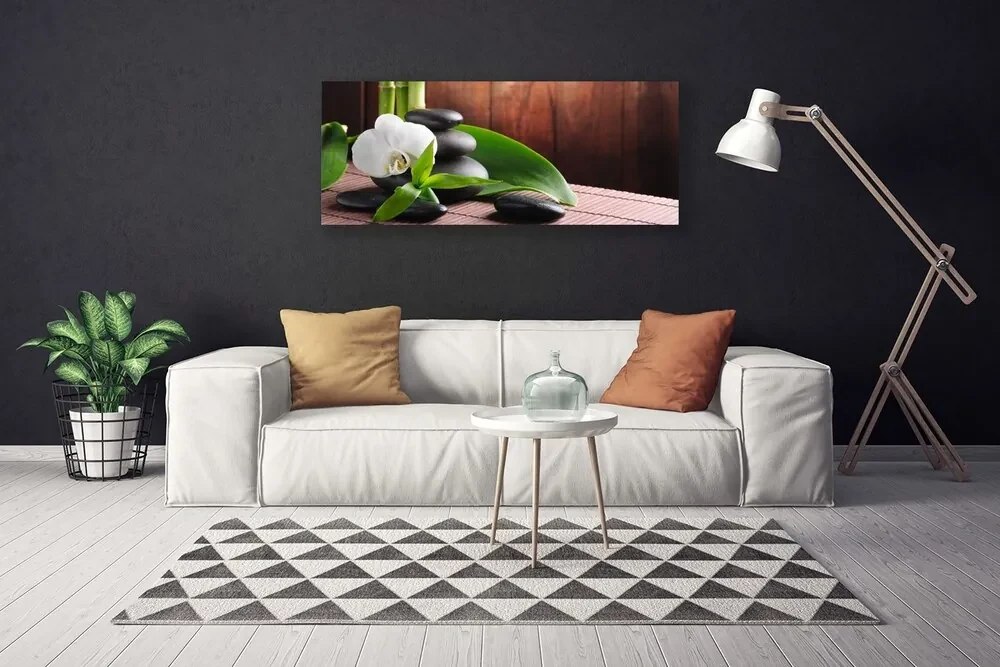 Tablou pe panza canvas Pietrele de flori Frunze Floral Alb Negru Verde