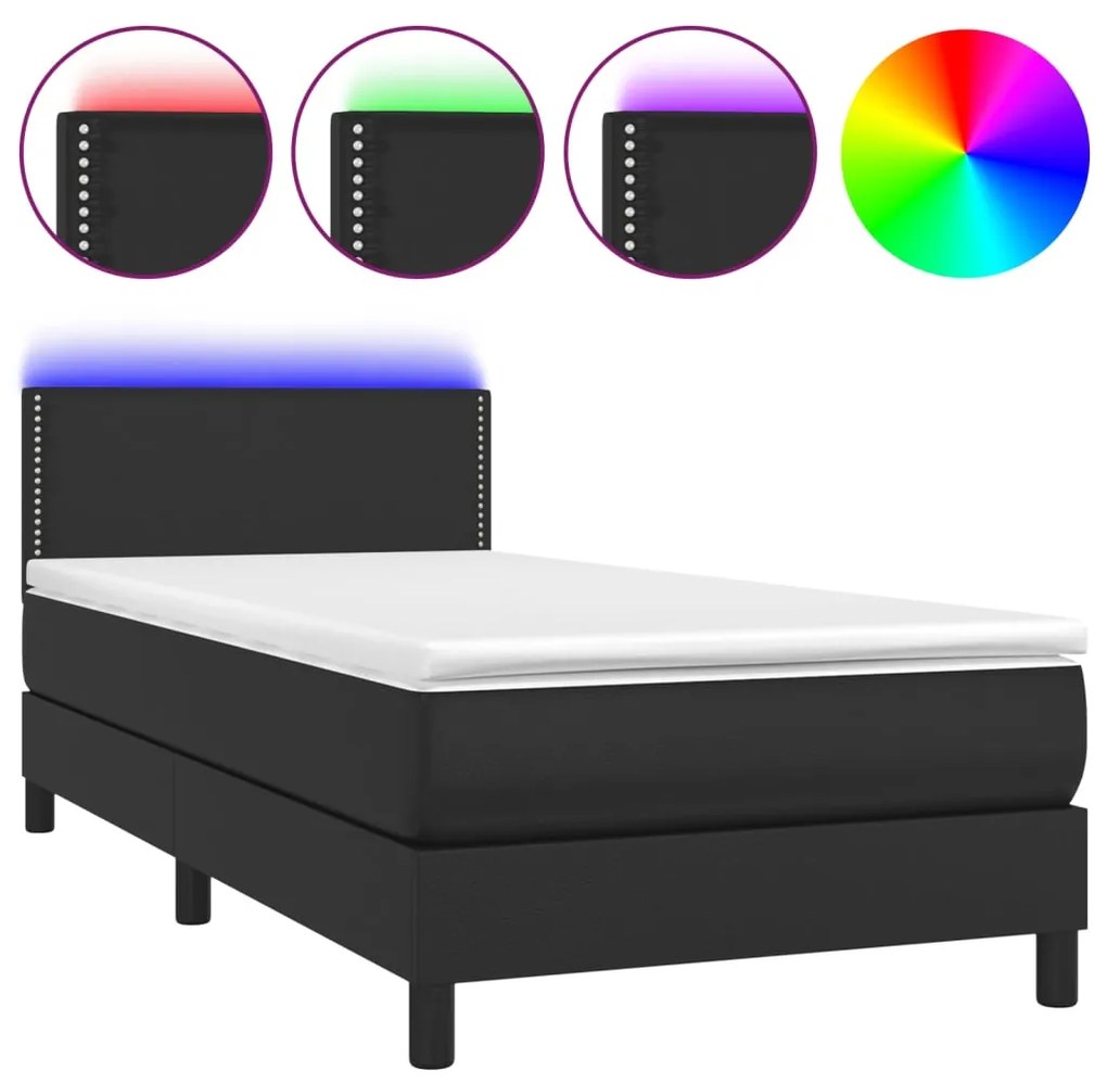 3134129 vidaXL Pat continental cu saltea & LED, negru, 80x200 cm, piele eco