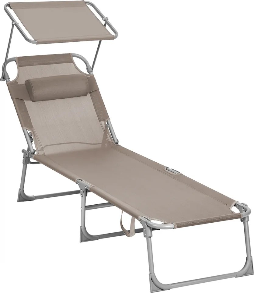 Șezlong de grădină LAGUNA cu copertină reglabilă, 193x59x30cm, maro-gri (taupe) SongmicsHome