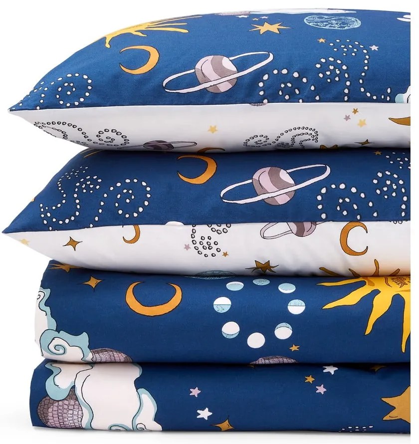 Lenjerie de pat albă-albastră din bumbac pentru pat de o persoană 135x200 cm Disco Space – Their Nibs