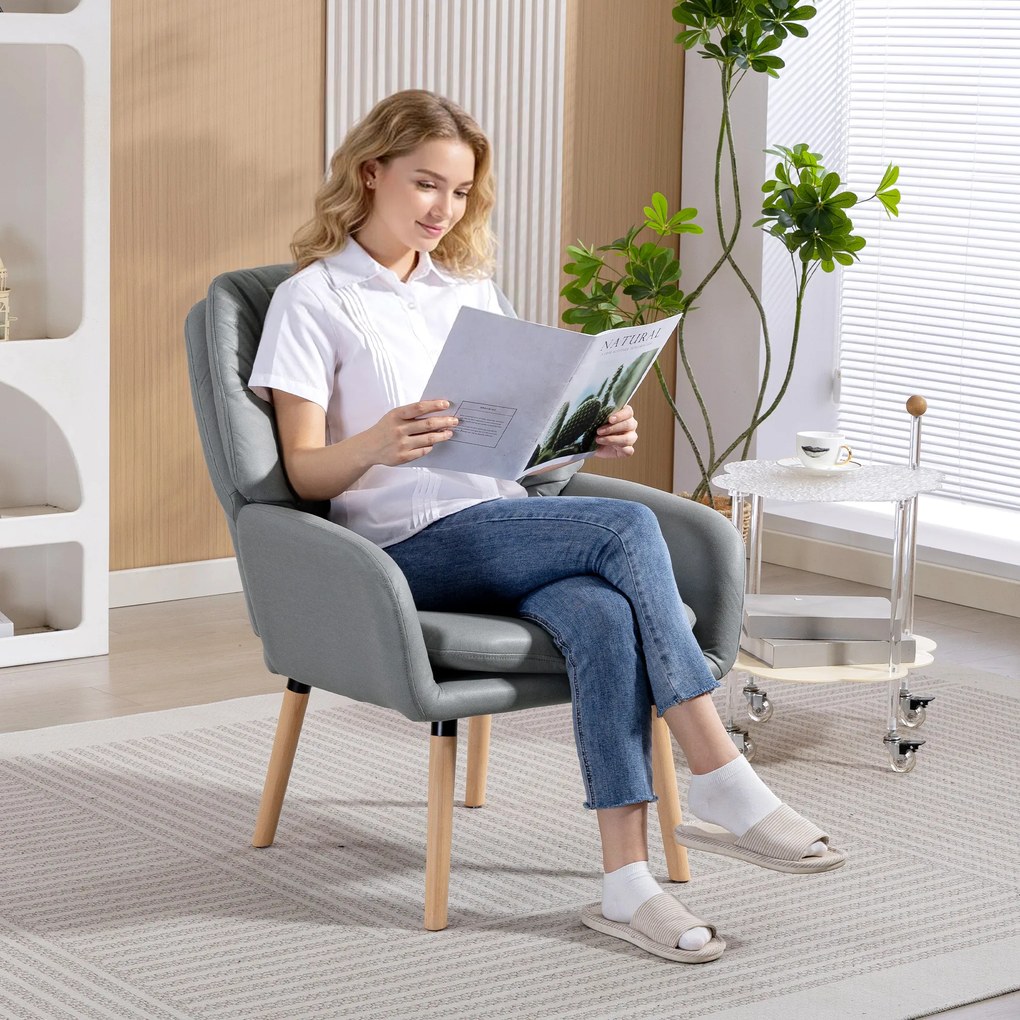 Scaun Decorativ Modern HOMCOM, Fotoliu Tapitat cu Leathaire cu Dublu Strat de Umplutură, Cadru de Oțel și Picioare de Lemn de Cauciuc pentru Sufragerie, Dormitor, Gri | Aosom Romania