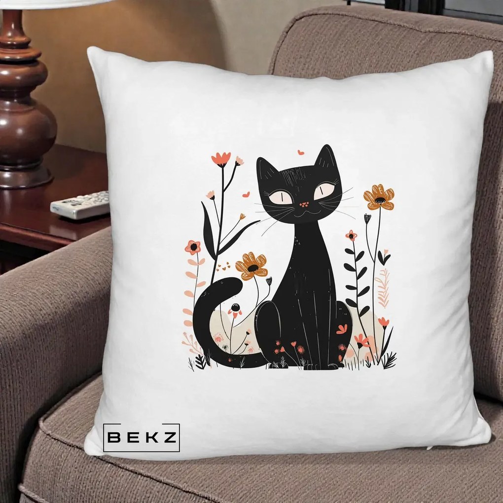 Perna Decorativa Pisica Neagra Flori Pastel Folk, 40x40 cm, Alb Pufos, Husa Detasabila, Perna Inclusa, BEKZ®