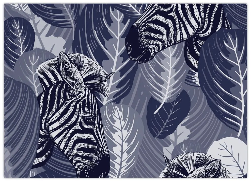 Tablou pe sticlă - Zebre între frunze (70x50 cm)