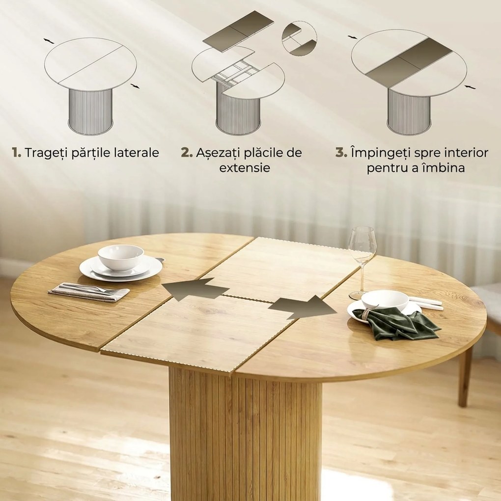 HOMCOM Masă Extensibilă Rotundă pentru 6-8 Persoane, culoare Lemn | Aosom Romania