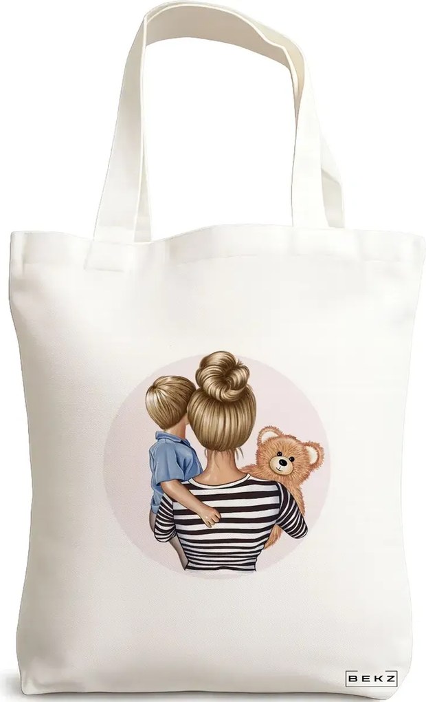 Sacosa de Panza pentru Cumparaturi, Geanta Tote, model Mother of a prince 2, 38x34.5 cm, Alba, BEKZ®