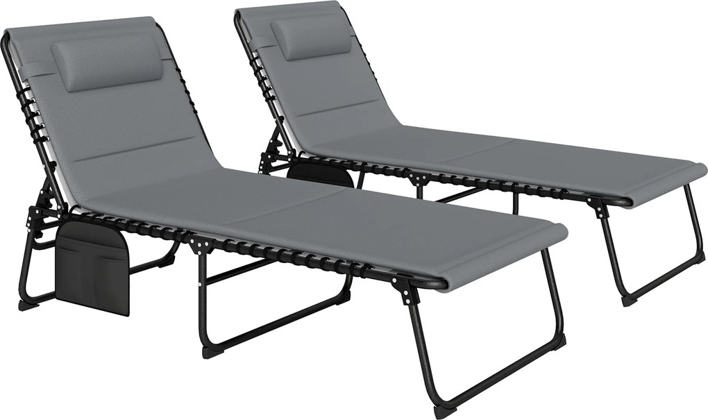 Outsunny Set de 2 șezlonguri pliabile pentru grădină cu perină, spătar reglabil în 5 trepte, buzunar lateral Gri închis | Aosom Romania