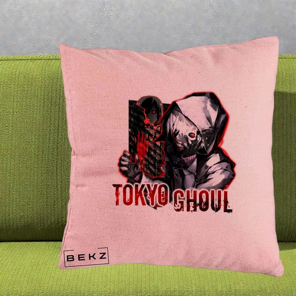 Perna Personalizata Tokyo Ghoul Ken Kaneki Anime, 40x40 cm, Roz, Husa Detasabila, Perna Inclusa, BEKZ®
