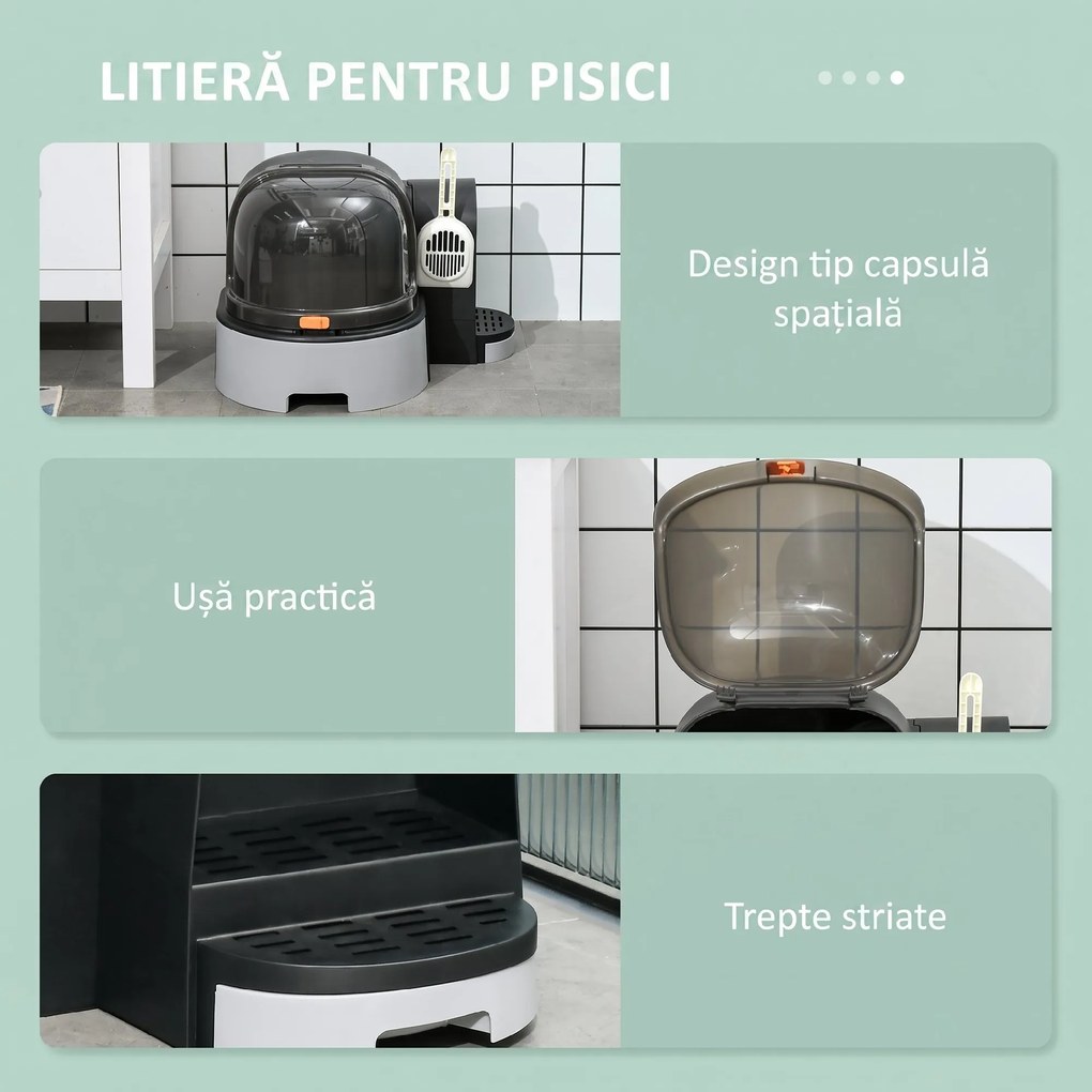 PawHut Litieră pentru Pisici cu Capac, Tavă Detașabilă și Capac Rabatabil și Lopățică Inclusă, 52x60x42 cm, Gri Închis | Aosom Romania