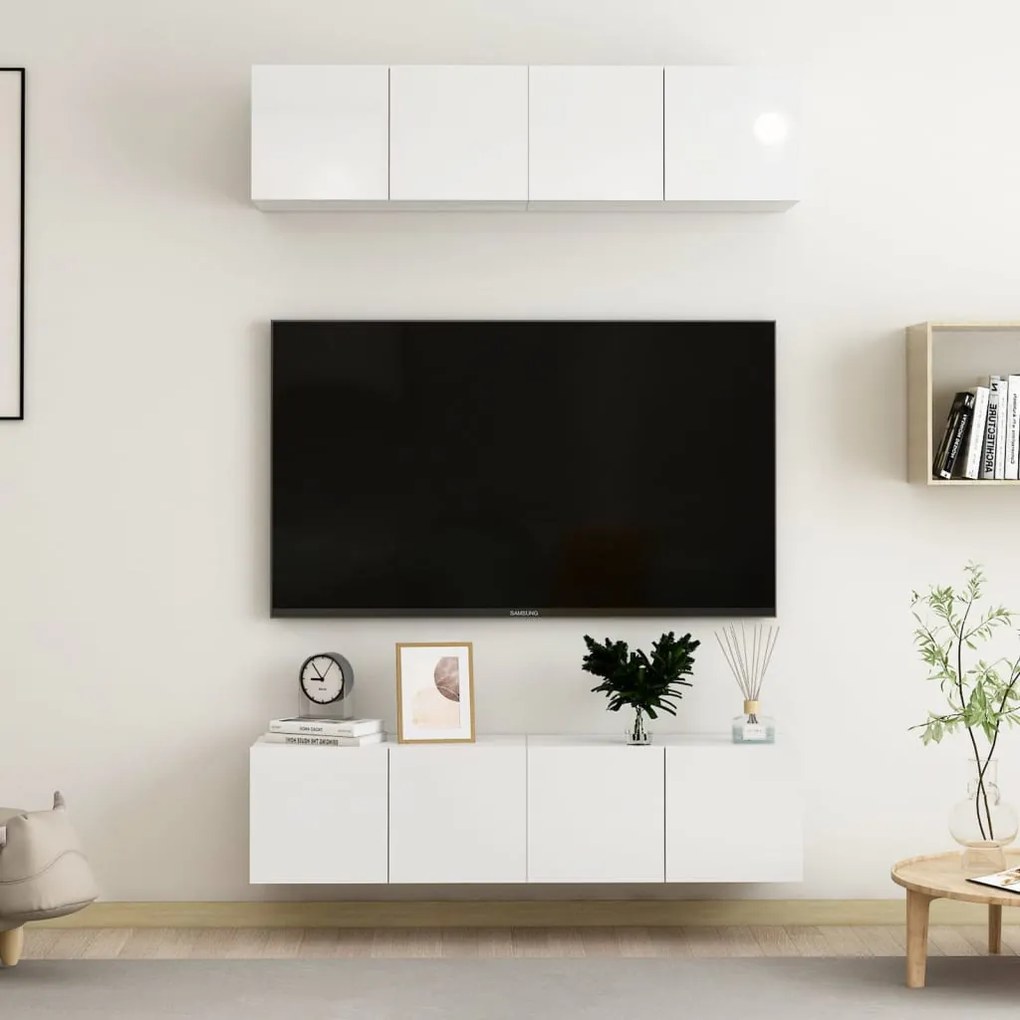 Dulapuri TV 4 buc, alb extralucios 60x30x30 cm, lemn prelucrat 4, Alb foarte lucios, 60 x 30 x 30 cm