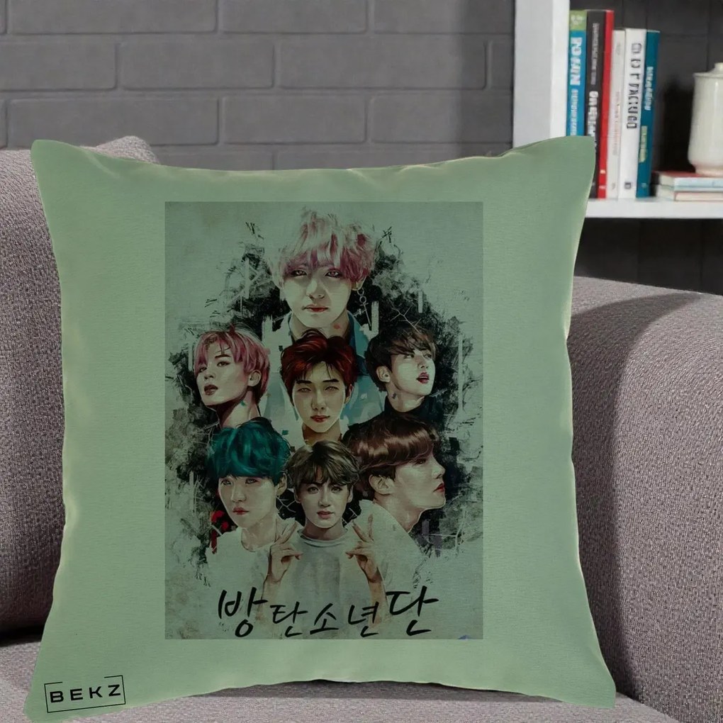 Perna Personalizata K-pop BTS Bangtan Boys Poster Artistic Negru Alb, 40x40 cm, Verde, Husa Detasabila, Perna Inclusa, BEKZ®