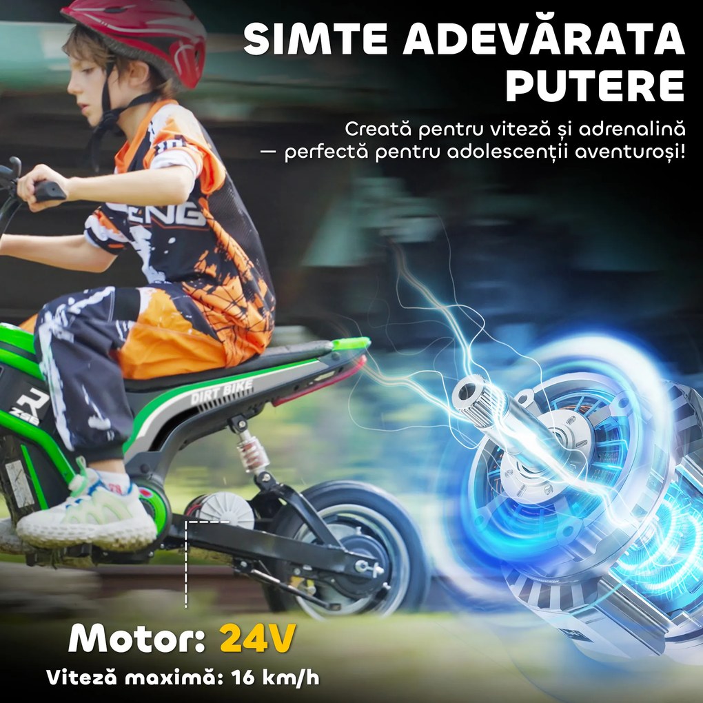 HOMCOM Motocicletă Electrică pentru Copii cu Accelerație Manuală, 2 Viteze, 8-16 km/h, Vârsta 8-12 Ani, Verde | Aosom Romania