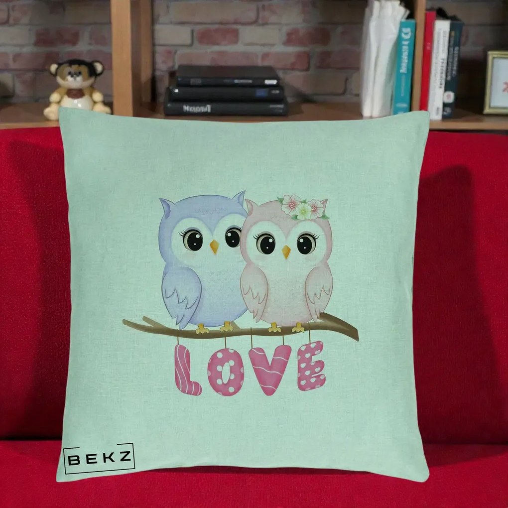 Perna Decorativa Love Bufnite Indragostite pe Crenguta Roz si Mov, 40x40 cm, Verde Menta, Husa Detasabila, Perna Inclusa, BEKZ®