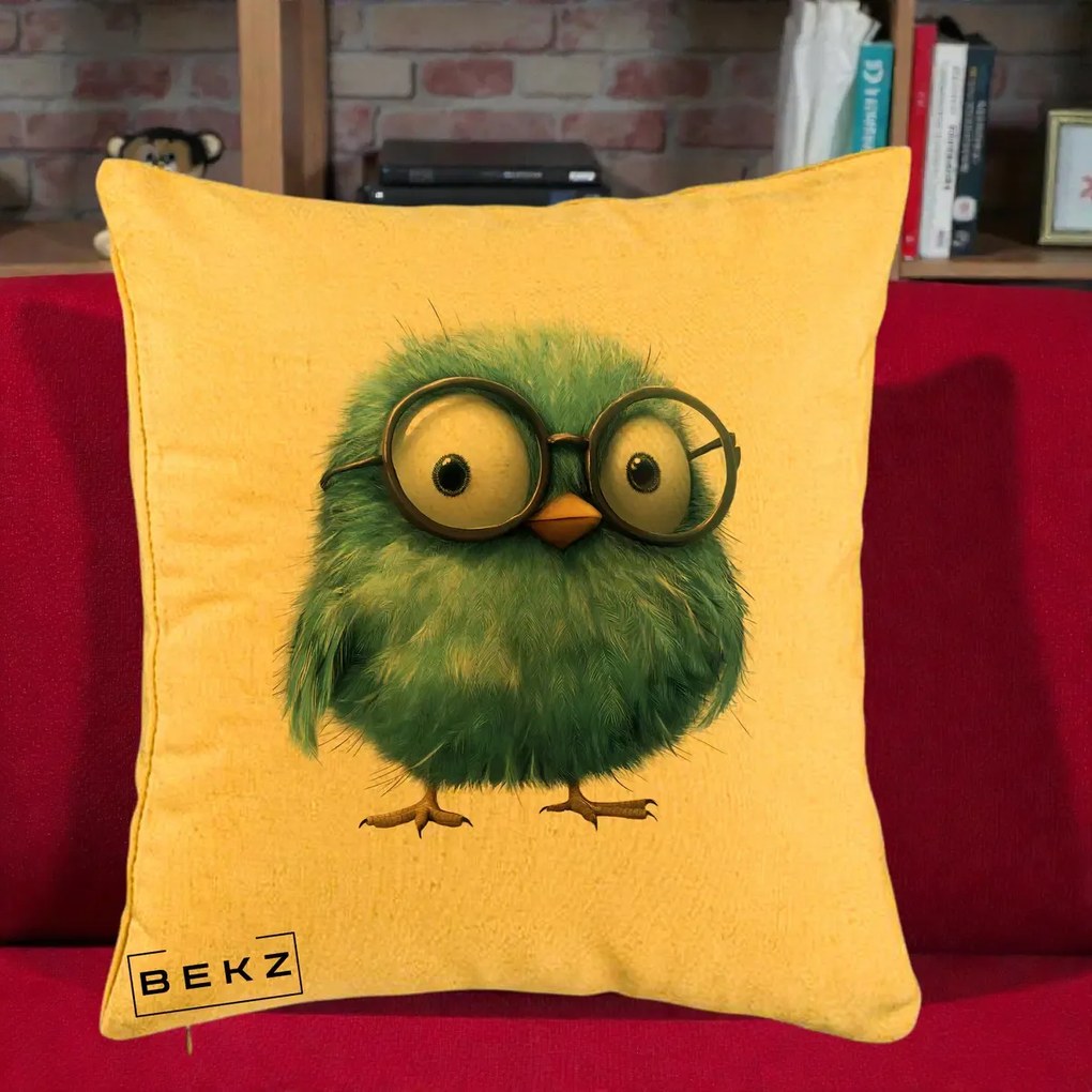 Perna Decorativa Pui Pufos Teal cu Ochelari, 40x40 cm, Galben, Husa Detasabila, Perna Inclusa, BEKZ®