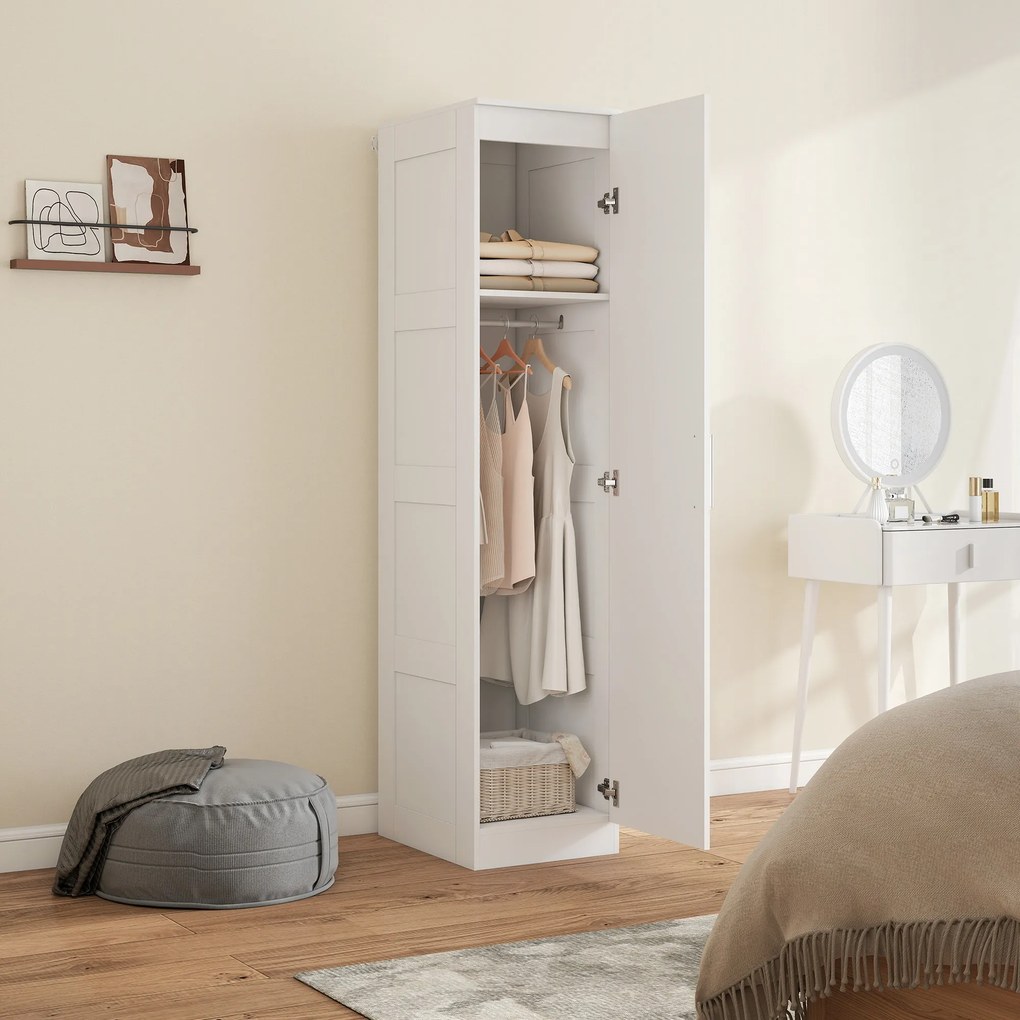 HOMCOM Șifonier Multifuncțional cu Șină pentru Haine, Raft, Ușă cu Închidere Ușoară 40 x 52 x 180 cm Alb | Aosom Romania