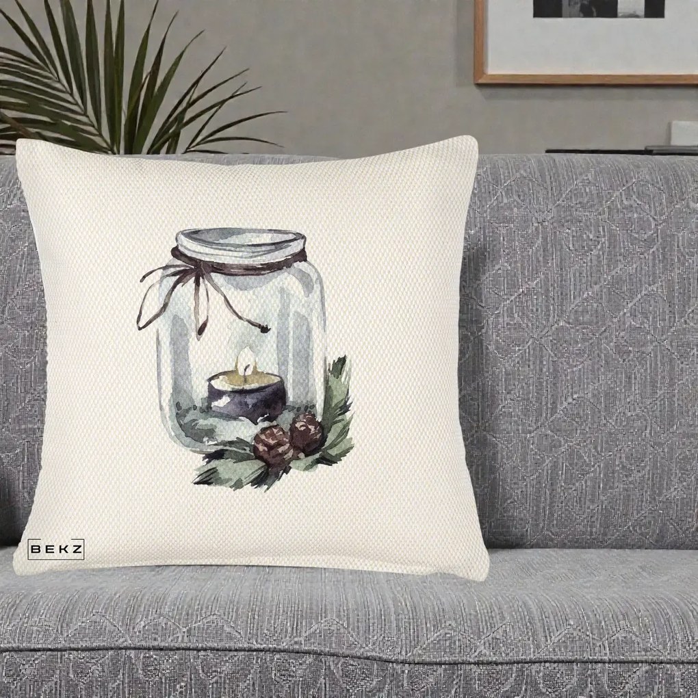 Perna Decorativa Felinar cu Lumanare si Conuri, 40x40 cm, Crem Reliefat, Husa Detasabila, Perna Inclusa, BEKZ®