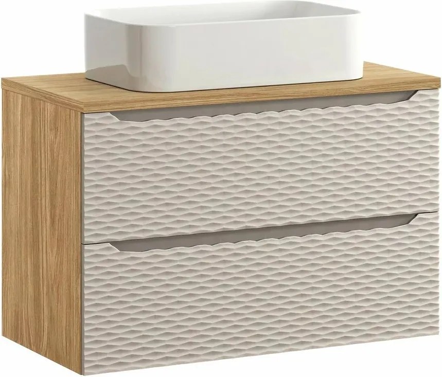 Set dulap baza suspendat 90 cm cu blat si lavoar Comad Ocean bej si stejar uleiat