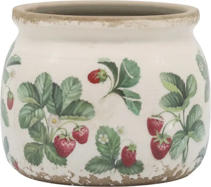 Ghiveci din ceramică crem cu model căpșuni „Fraises”, H9.5/D12 cm
