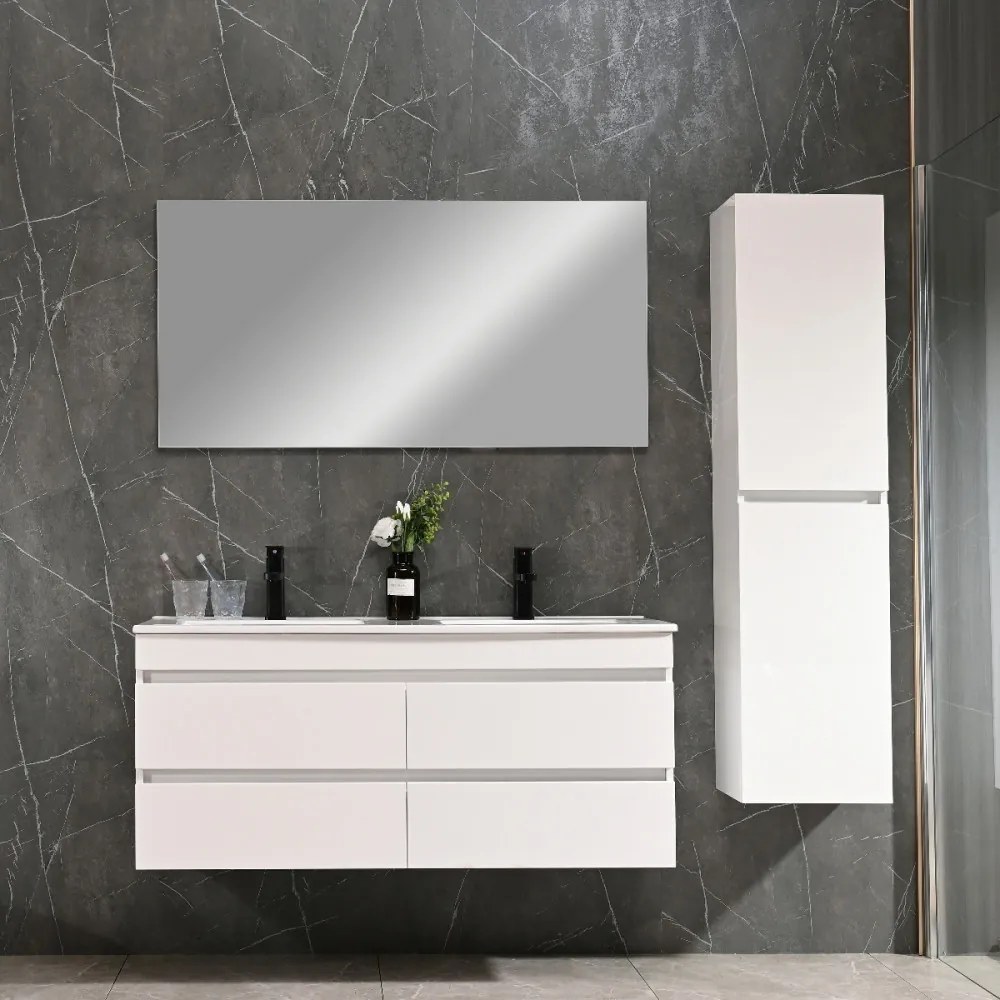 Mască de baie Cube 120 cu chiuvetă ceramică, 2 sertare, vopsită în alb lucios