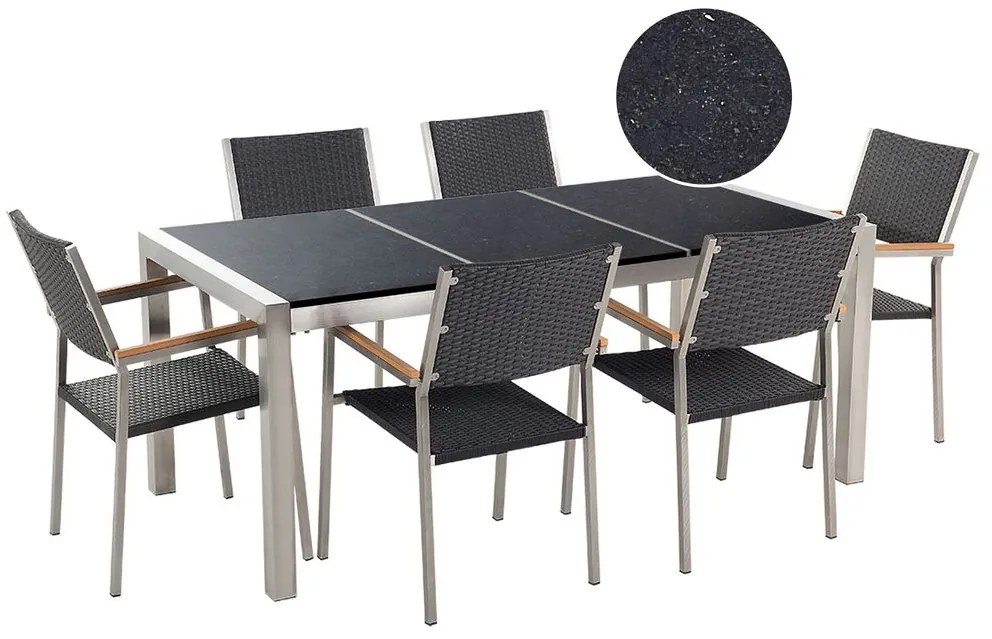 Set de masă pentru grădină Grosso (negru) (scaune din ratan) (pentru 6 persoane) (granit). 1011621