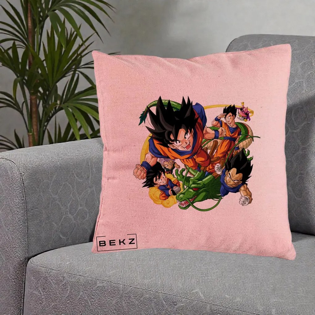Perna Personalizata Dragon Ball Goku si Shenron Actiune, 40x40 cm, Roz, Husa Detasabila, Perna Inclusa, BEKZ®
