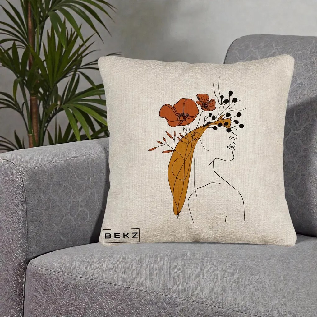 Perna Decorativa Portret Feminin Maci Rosii Auriu, 40x40 cm, Bej Canapea, Husa Detasabila, Perna Inclusa, BEKZ®
