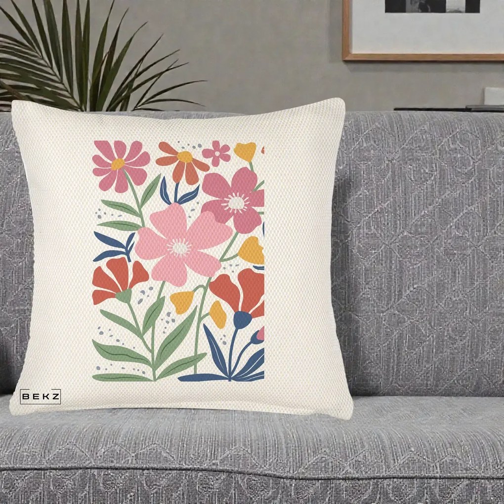 Perna Decorativa Flori Grafice Roz si Terracotta, 40x40 cm, Crem Reliefat, Husa Detasabila, Perna Inclusa, BEKZ®