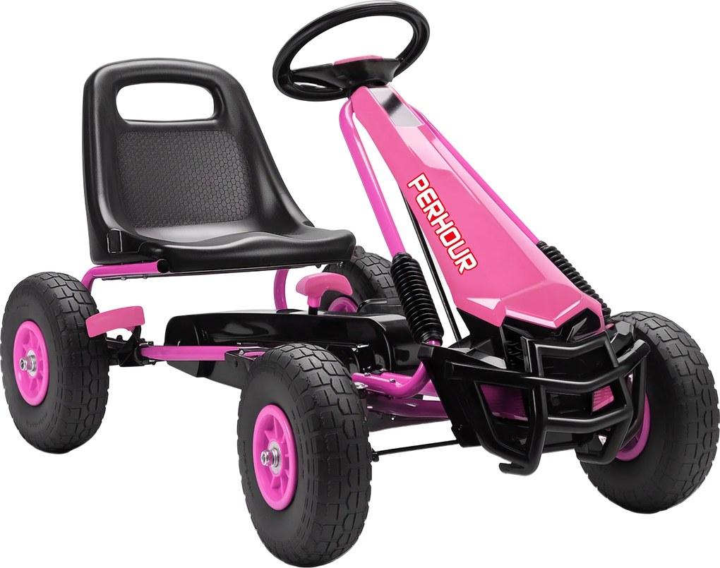 AIYAPLAY Gokart cu pedale pentru copii, scaun reglabil pe înălțime, roți EVA, frână, ambreiaj, 3-8 ani, Roz | Aosom Romania